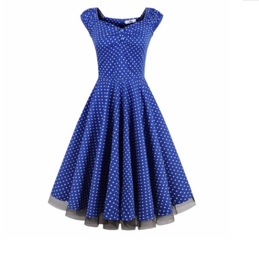 Стиляжное платье синее в горох с подъюбником.