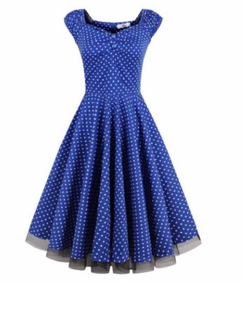 Стиляжное платье синее в горох с подъюбником.