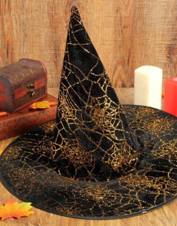 Шляпа Ведьмы черная с паутиной золотистого цвета .
